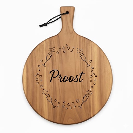 Ronde houten borrelplank Ø29,5 cm – Cadeau serveerplank met gravure Proost – Handgemaakt