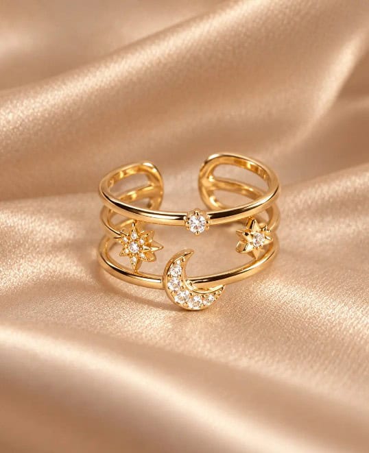 Sterren & Maan Ring – 925 Sterling Zilver met 18K Gold Plating en Zirkonia | Verstelbare Look
