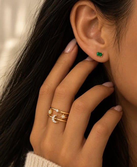 Sterren & Maan Ring – 925 Sterling Zilver met 18K Gold Plating en Zirkonia | Verstelbare Look