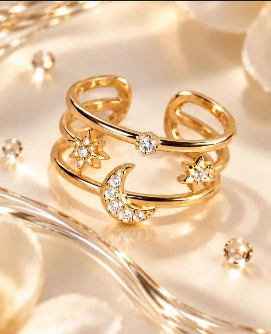 Sterren & Maan Ring – 925 Sterling Zilver met 18K Gold Plating en Zirkonia | Verstelbare Look