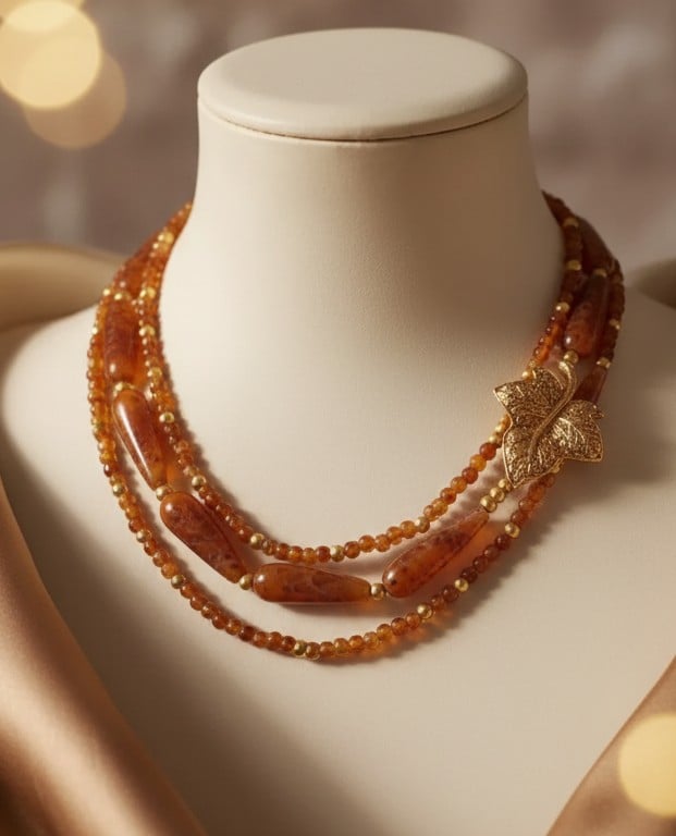 Unieke bruine agaatketting met verfijnde vintage broche