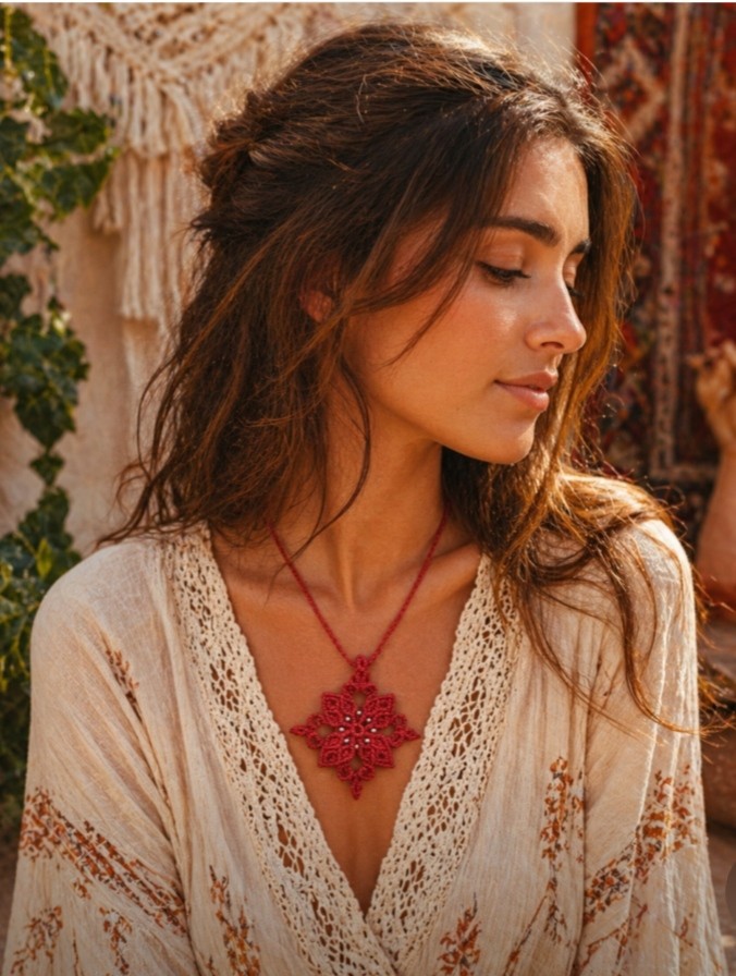 Micro macramé ketting ‘Rose’ – rode mandala hanger – verstelbaar – handgemaakt