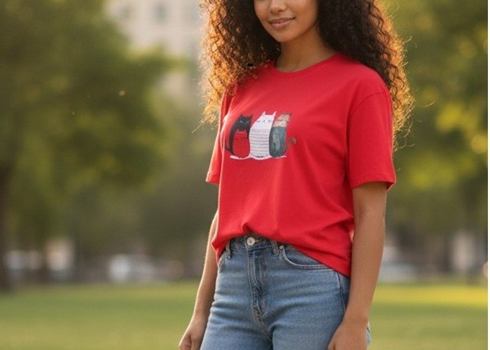 Artistiek dames T-shirt met kattenprint – uniek & speels