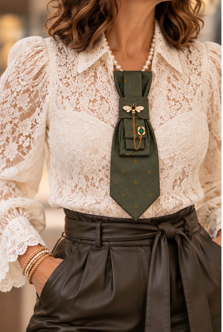 Unieke handgemaakte stropdasketting groen met vlieg | Statement tie n… - 151959 Unieke handgemaakte stropdasketting groen met vlieg | Statement tie necklace | Upcycled tie jewelry