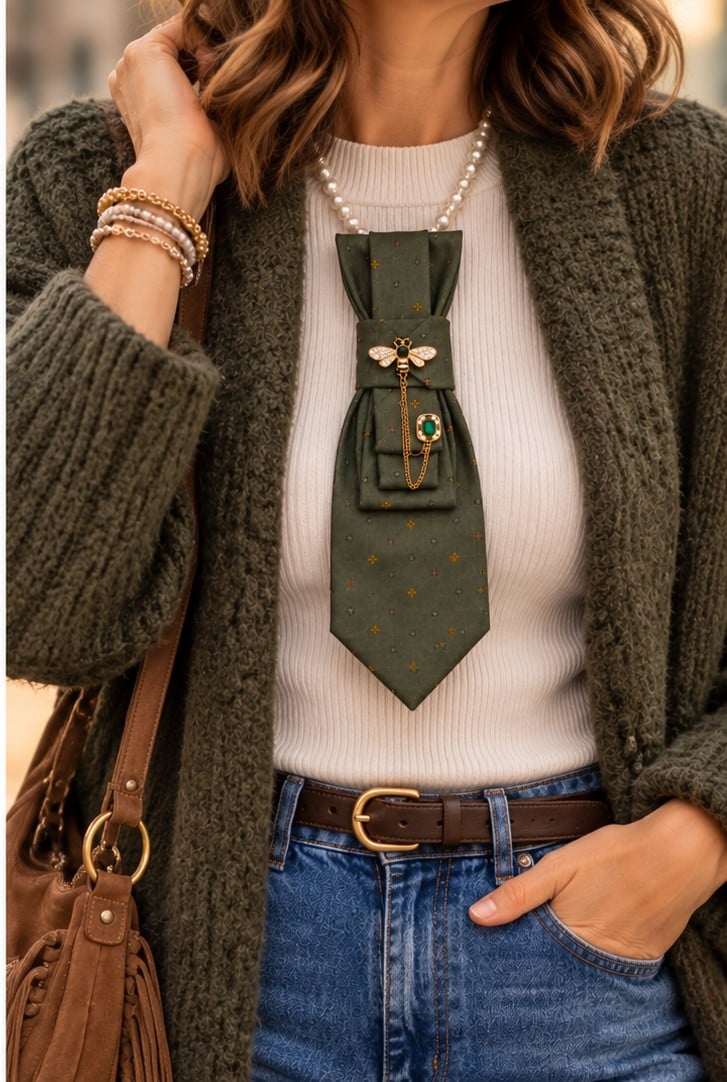 Unieke handgemaakte stropdasketting groen met vlieg | Statement tie n… - 151962 Unieke handgemaakte stropdasketting groen met vlieg | Statement tie necklace | Upcycled tie jewelry