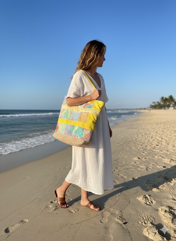 Grote handgemaakte tas van zijde en katoen met print en rits – ideaal voor sauna, strand en babyspullen