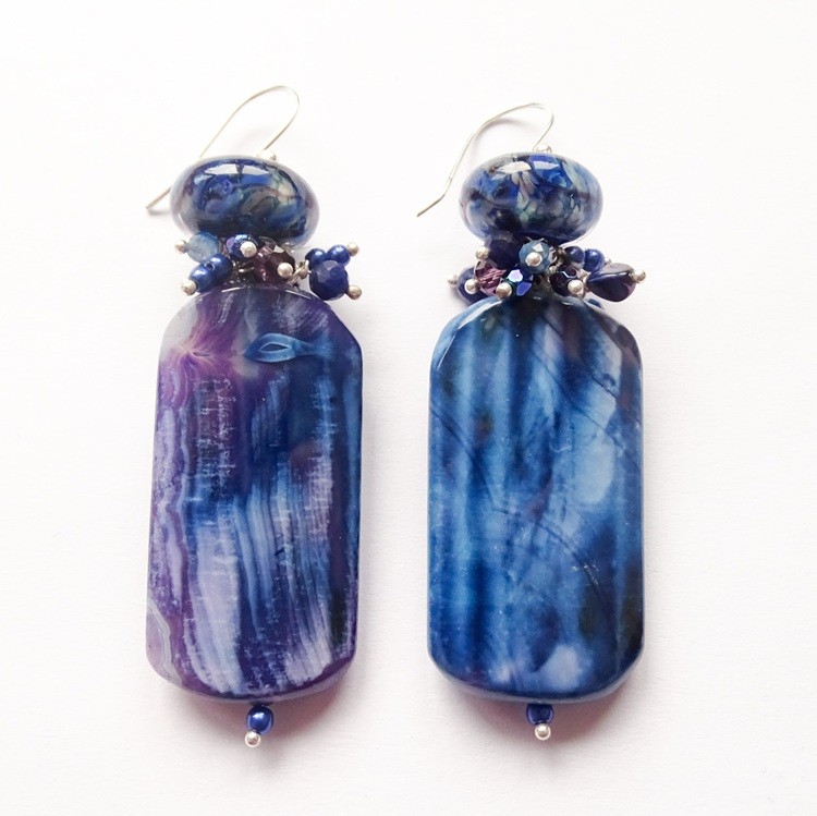 Blauwe agaat oorbellen met lampwork glaskraal in sterling zilver - 143744 Blauwe agaat oorbellen met lampwork glaskraal in sterling zilver
