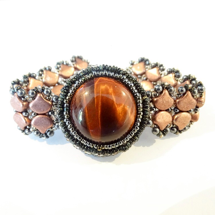 Tijgeroog armband met handgeweven kralenband en Czech Ginkgo kralen