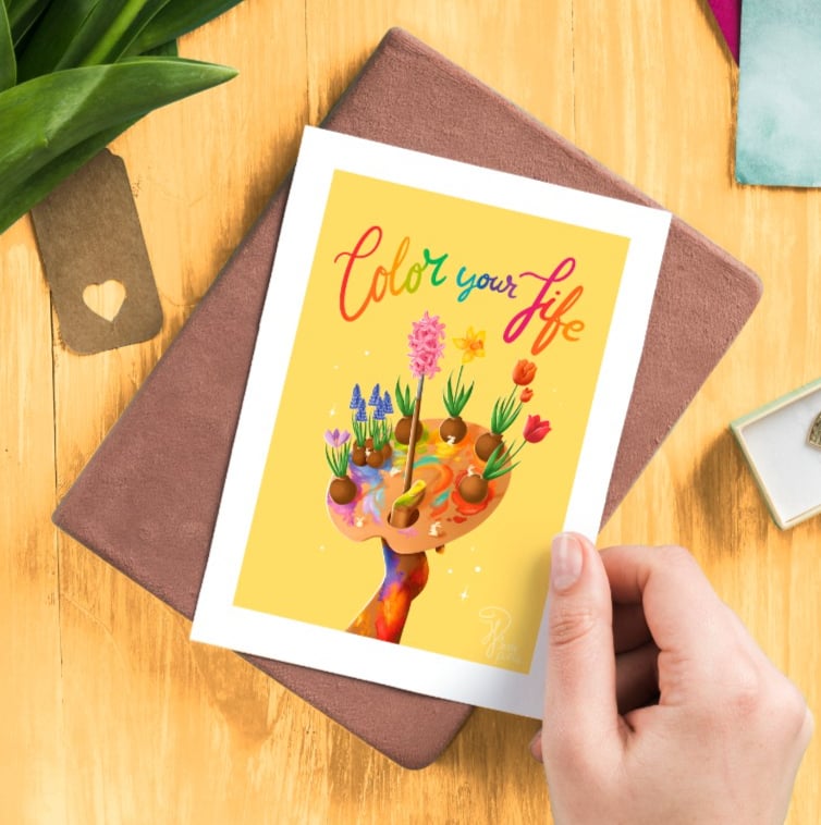 Kaart Color your life Bloemen verf pallet