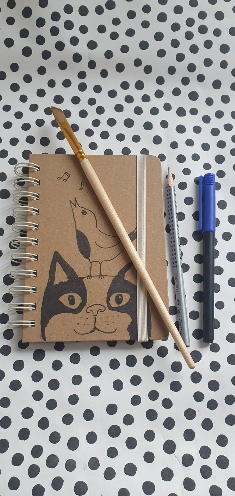 handgemaakt dagboek notitieboekje, kat met vogel gelinieerd, met originele kattentekening (geen print)