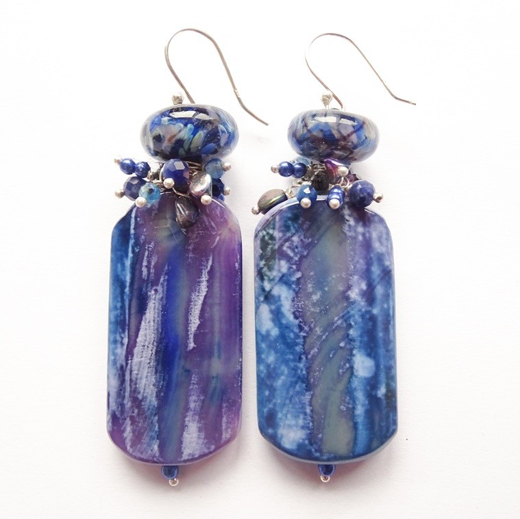 Blauwe agaat oorbellen met lampwork glaskraal in sterling zilver - 143749 Blauwe agaat oorbellen met lampwork glaskraal in sterling zilver