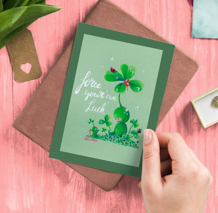 Wens kaart verjaardag A6 Force your own luck klavertje vier