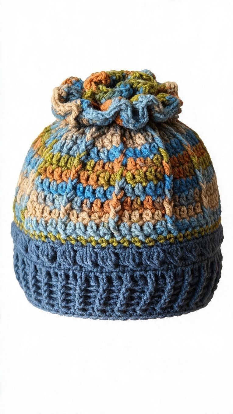 Gehaakte muts met bloem/blauw, groen, bruin - 155996 Gehaakte muts met bloem/blauw, groen, bruin
