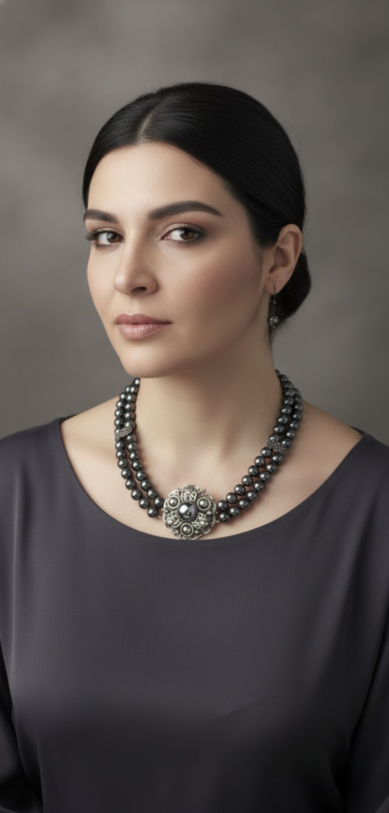 Hematiet ketting met vintage broche - uniek stuk