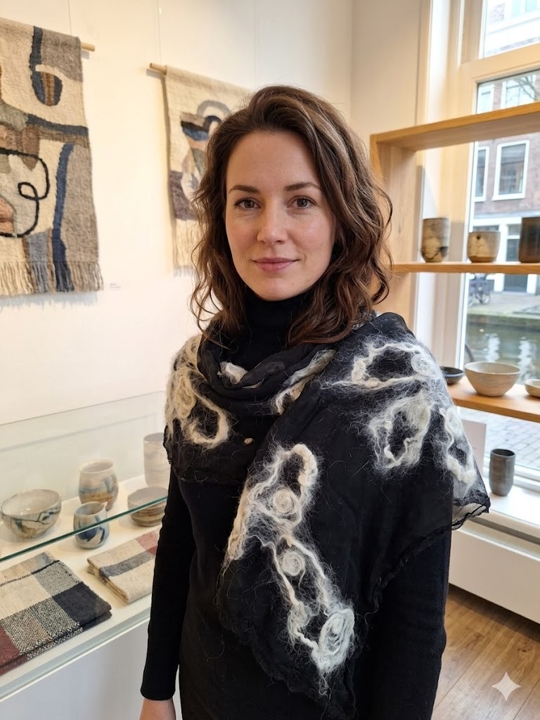 Titel: Exclusieve Chiffon Zijden Sjaal – Handgevilt met Organische Witte Wol