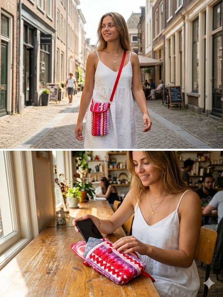 Uniek Handgemaakt: Cross-body Telefoontasje "Ribbon Red"