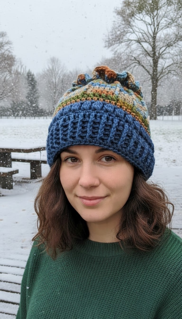 Gehaakte muts met bloem/blauw, groen, bruin - 155995 Gehaakte muts met bloem/blauw, groen, bruin