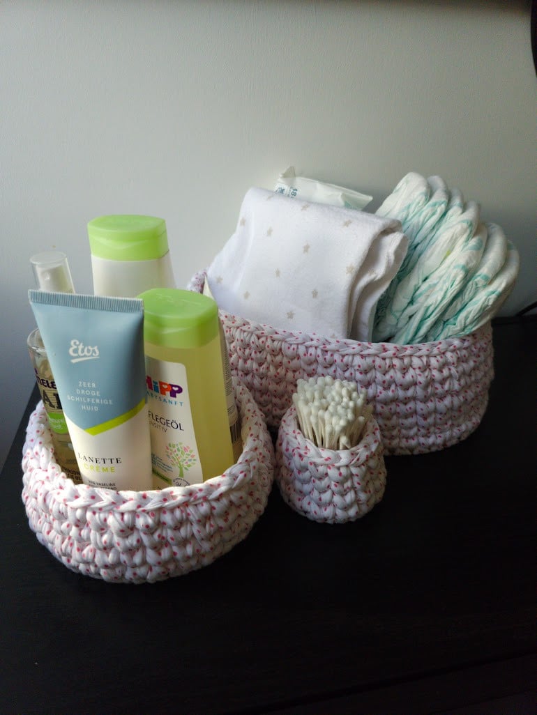Set van 3 gestippelde gehaakte mandjes | Babykamer opbergset - 150627 Set van 3 gestippelde gehaakte mandjes | Babykamer opbergset