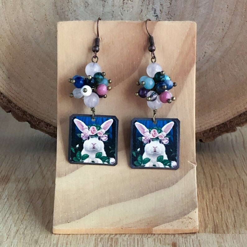 konijn oorbellen met gemixte edelstenen, Sieraden voor het Voorjaar en Pasen - 67713.jpeg konijn oorbellen met gemixte edelstenen, Sieraden voor het Voorjaar en Pasen