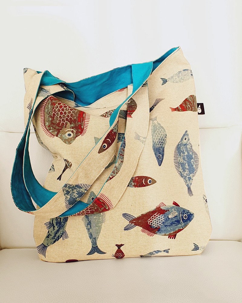 Dubbelzijdige tas met vis en vissen design, 'Love Fishing' tote bag - 139405 Dubbelzijdige tas met vis en vissen design, 'Love Fishing' tote bag