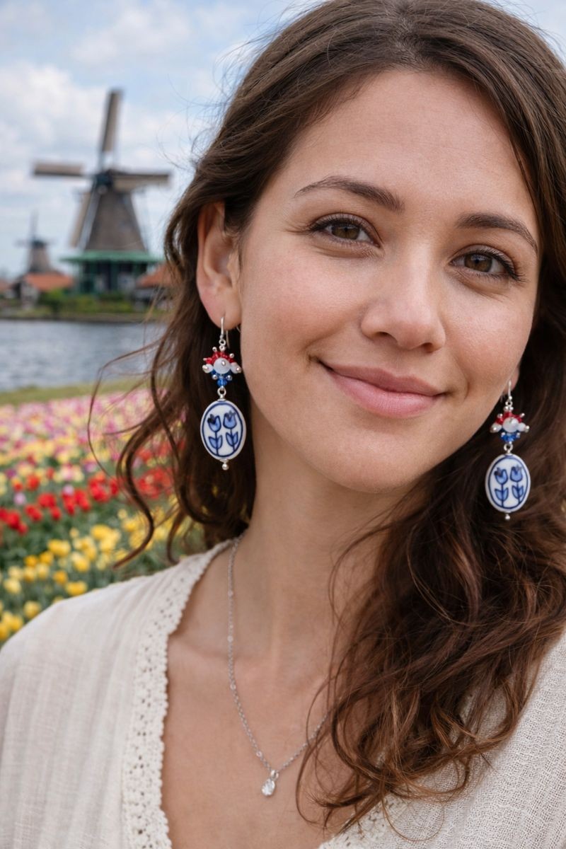 Swarovski Kristallen Oorbellen met Delfts Blauwe Tulp – Eerbetoon a… - 113638 Cultuur & tradietie, Swarovski kristallen oorbellen met Delfts blauwe tulp