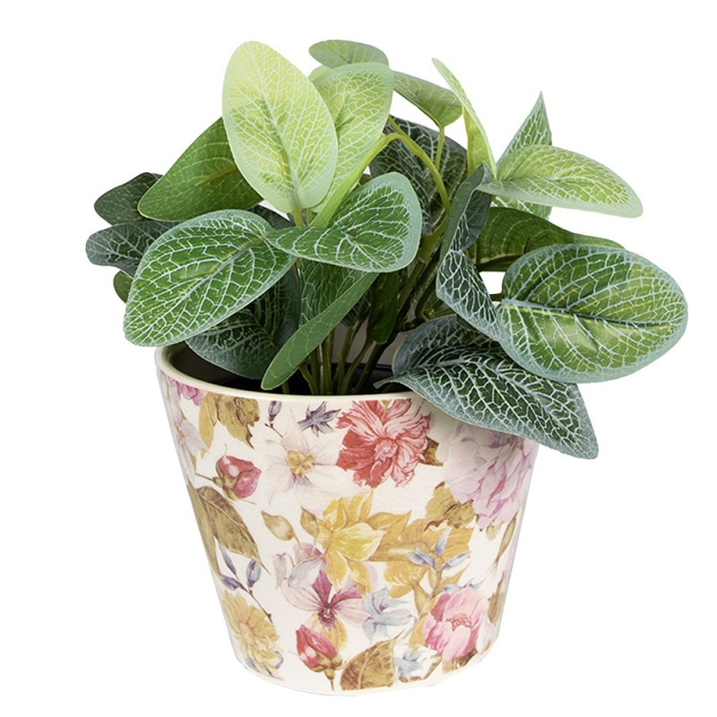 Clayre & Eef bloempot keramiek beige met bloemen Ø12 cm - 129948 Clayre & Eef bloempot keramiek beige met bloemen Ø12 cm