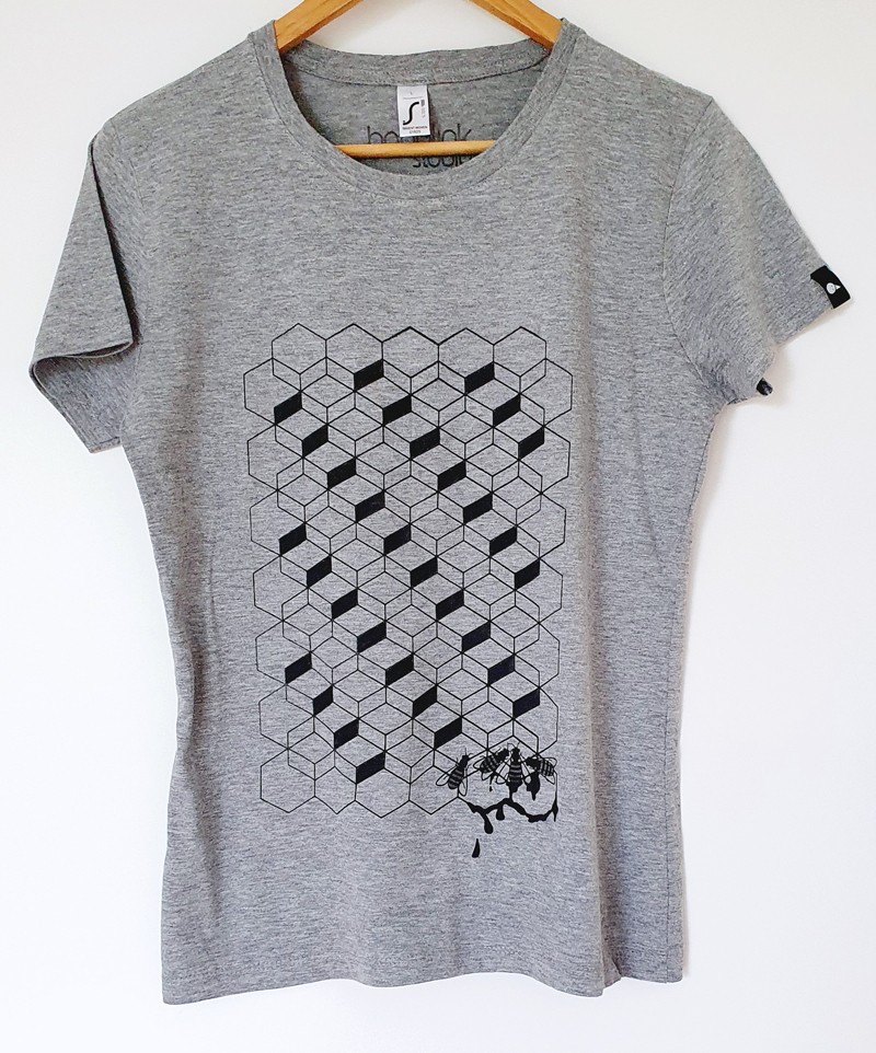 Hand bedrukt grijs katoenen-viscose t-shirt, zwart bijenkorf design, … - 137012 Hand bedrukt grijs katoenen-viscose t-shirt, zwart bijenkorf design, women's, large