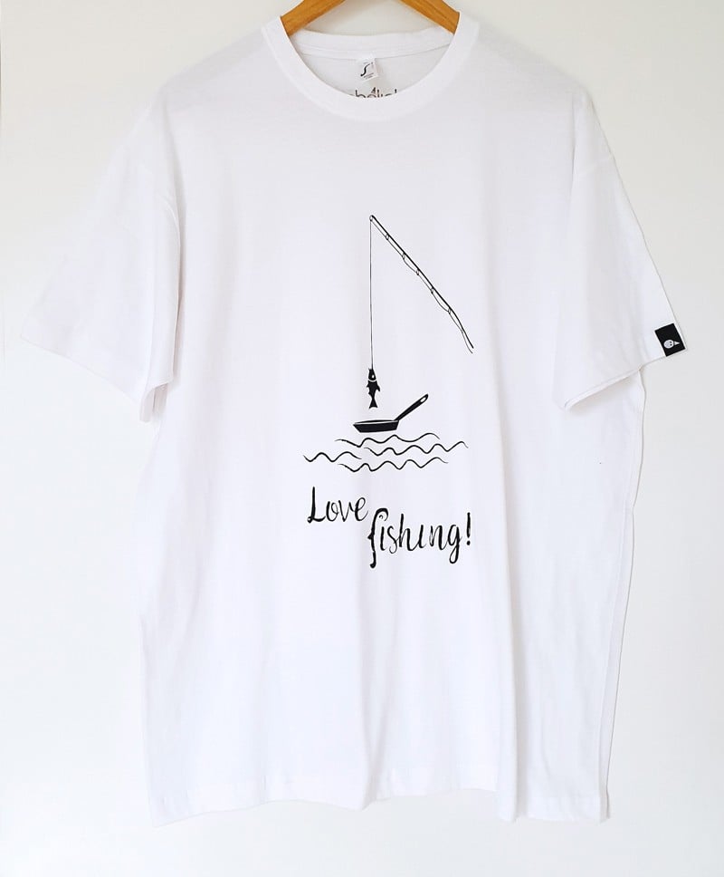 Hand bedrukt, wit katoenen t-shirt, grappig vissen design, "Love Fish… - 136673 Hand bedrukt, wit katoenen t-shirt, grappig vissen design, "Love Fishing", men's, extra extra large
