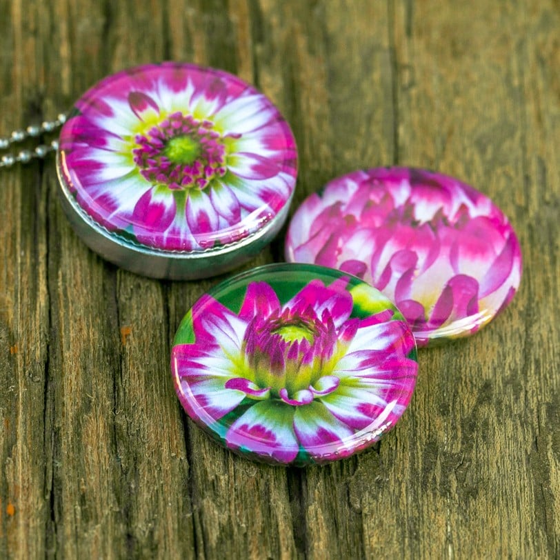 Fotomedaillon ketting/medaillon ketting met close up bloemen foto`s … - 111190 Wit roze dahlia. Dahlia bloemen.Dahlia ketting.Dahlia medaillon. Prachtige fotografie van roze,witte bloemen.Binnenin het medaillon komt je favoriete foto.