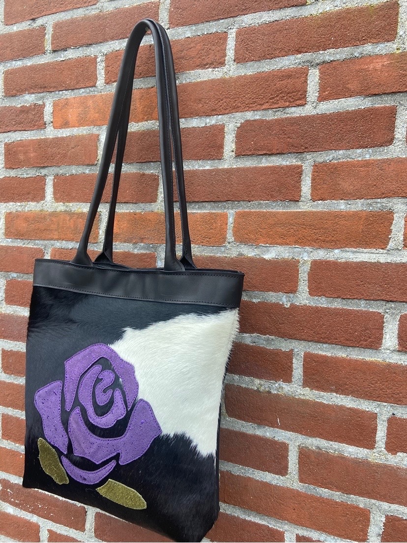 Leren totebag paarse roos