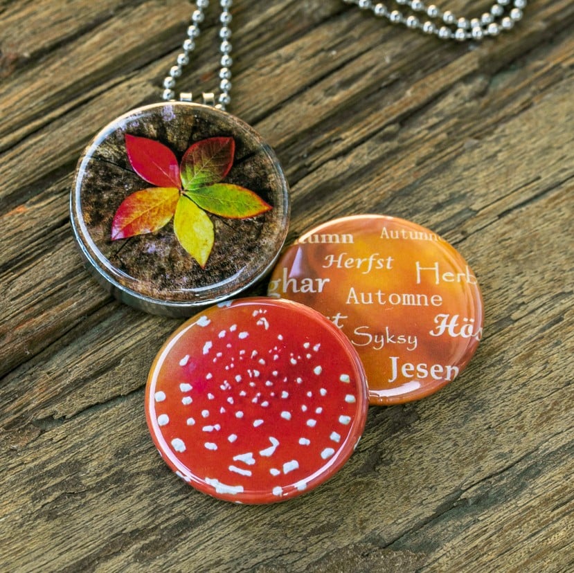 Herfst ketting/medaillon, ketting met close up foto`s van herfst in r… - 91148 Herfst ketting/medaillon, ketting met close up foto`s van herfst in rood geel en oranje.