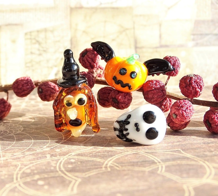 Handgemaakte Halloween glaskralen – set van 3 lampwork kralen - 155985 Handgemaakte Halloween glaskralen – set van 3 lampwork kralen