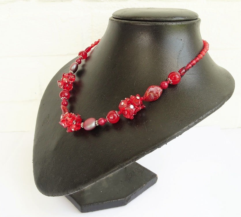 Rode edelstenen ketting met carneool, granaat en Swarovski-kristallen - 155970 Rode edelstenen ketting met carneool, granaat en Swarovski-kristallen