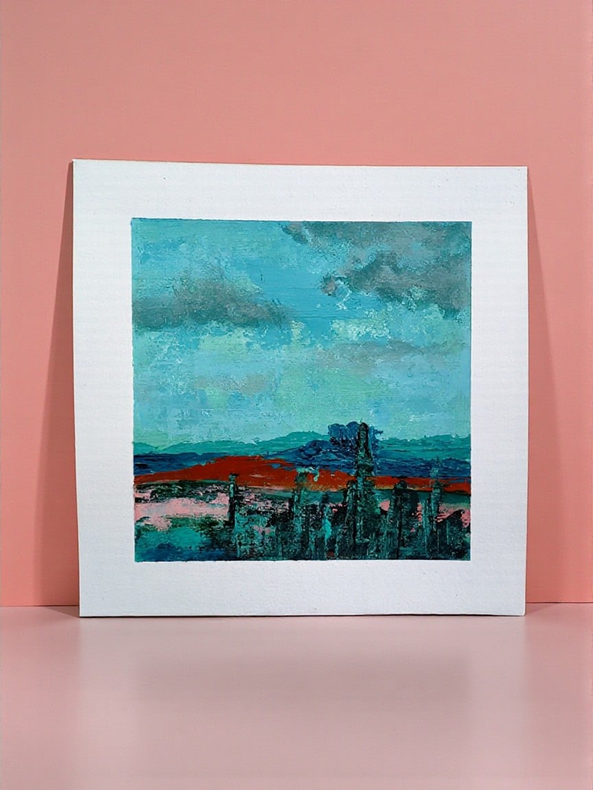 Mini landschap - petrol/roze/koper - 20 x 20