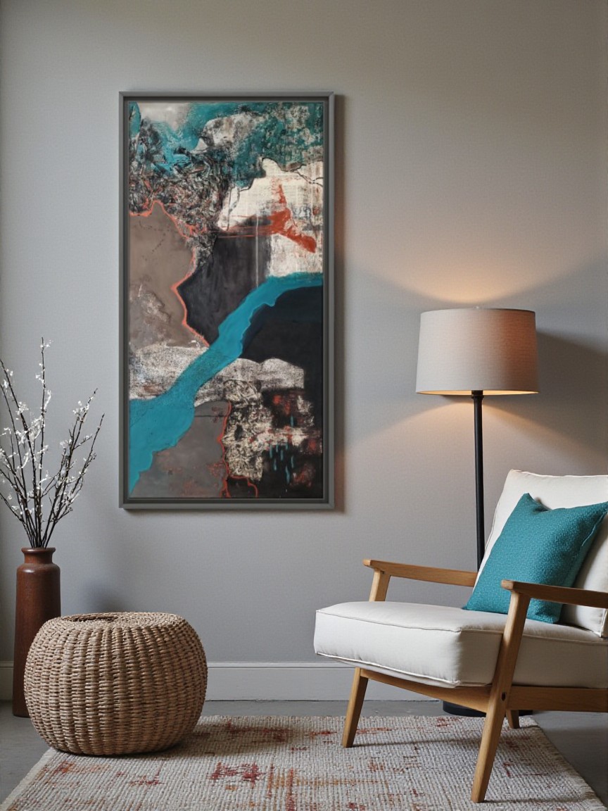 Mixed media abstract schilderij - petrol bruin