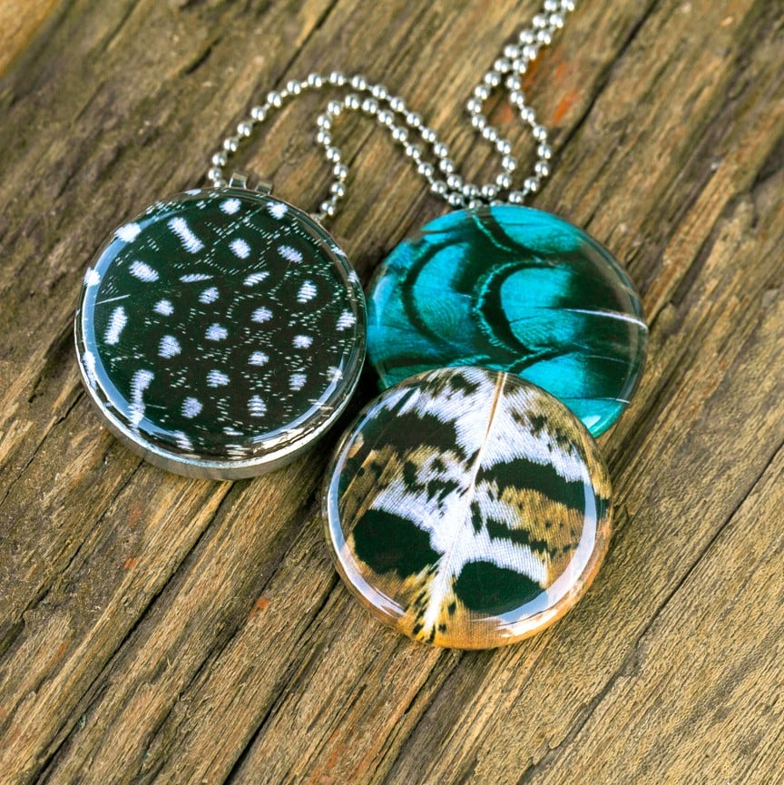 Stalen Fotomedaillon ketting met 3 verschillende verwisselbare voorkanten met close up foto`s van veren /veertjes in prachtige tinten. Voor het dicht bij je dragen van je favoriete foto.