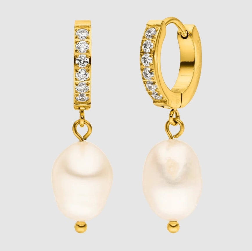 Shine Pearl Oorbellen - 18K Gold Plated of High-Gloss Polished Silver… - 118789 Shine Pearl Oorbellen - 18K Gold Plated of High-Gloss Polished Silver met Zirconia en Parels