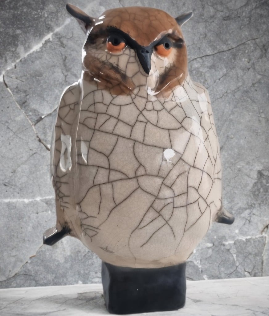 Raku gestookte Ransuil, keramiek, uniek object, geheel met de hand ge… - 99399 Raku gestookte Ransuil, keramiek, uniek object, geheel met de hand gemaakt