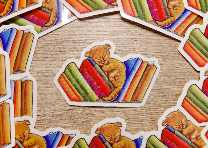 Slapende kat boeken sticker, transparant, vaatwasser proof 9.5x5.8 cm