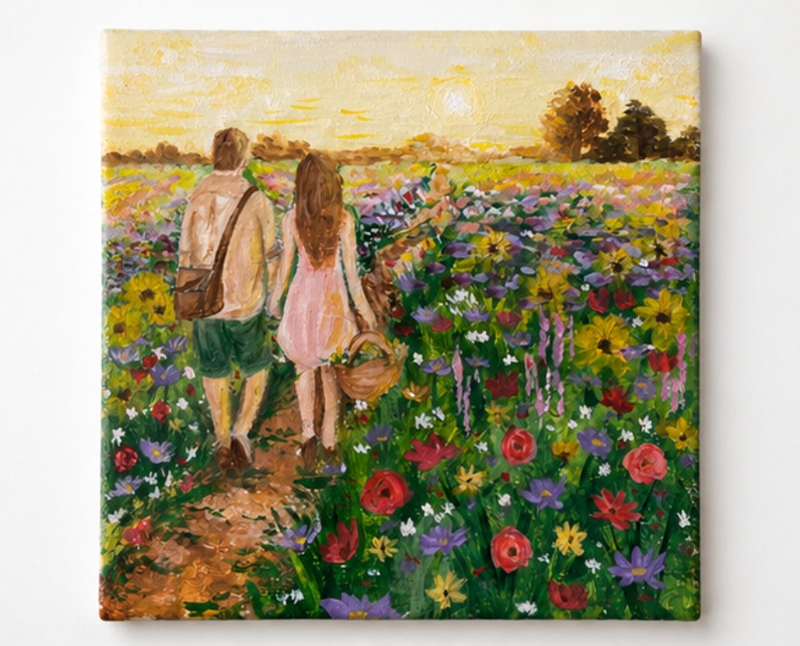 Wandeling door het bloemenveld | Handgeschilderd tegeltje - 149310 Wandeling door het bloemenveld | Handgeschilderd tegeltje