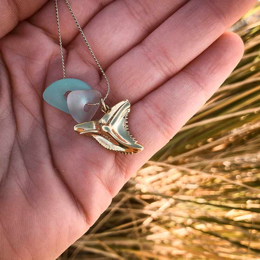 Zeeglas haaientand ketting goud