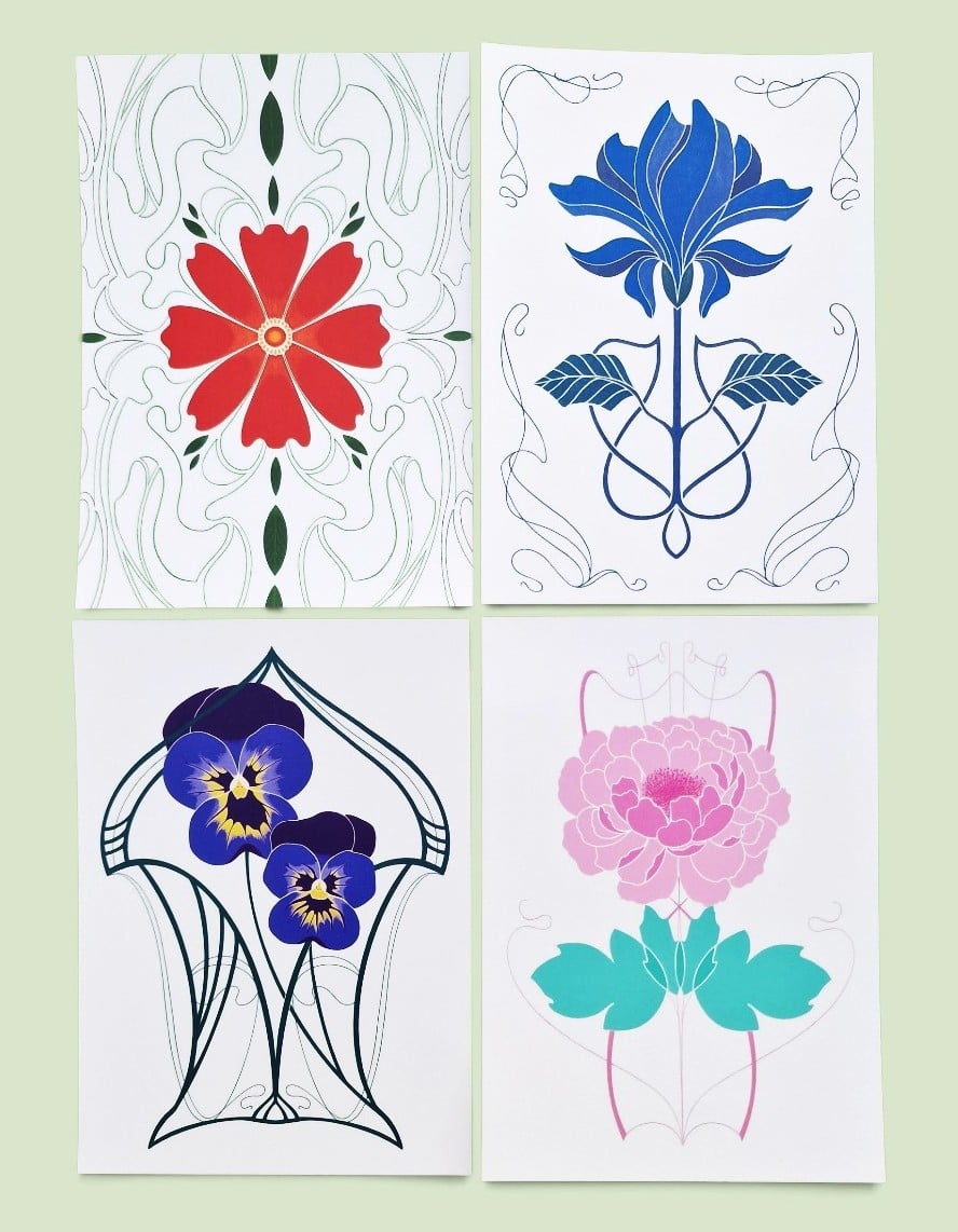 Set van 4 Art Nouveau Bloemen Kaarten