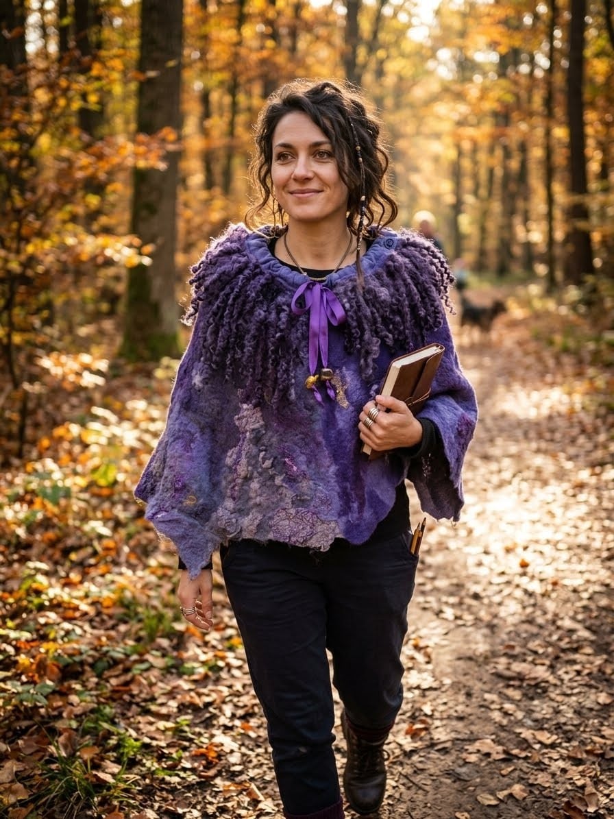 Handgemaakte Vilten Wollen Poncho met Katoenen Voering – Wearable A… - 153414 Handgemaakte Vilten Wollen Poncho met Katoenen Voering – Wearable Art