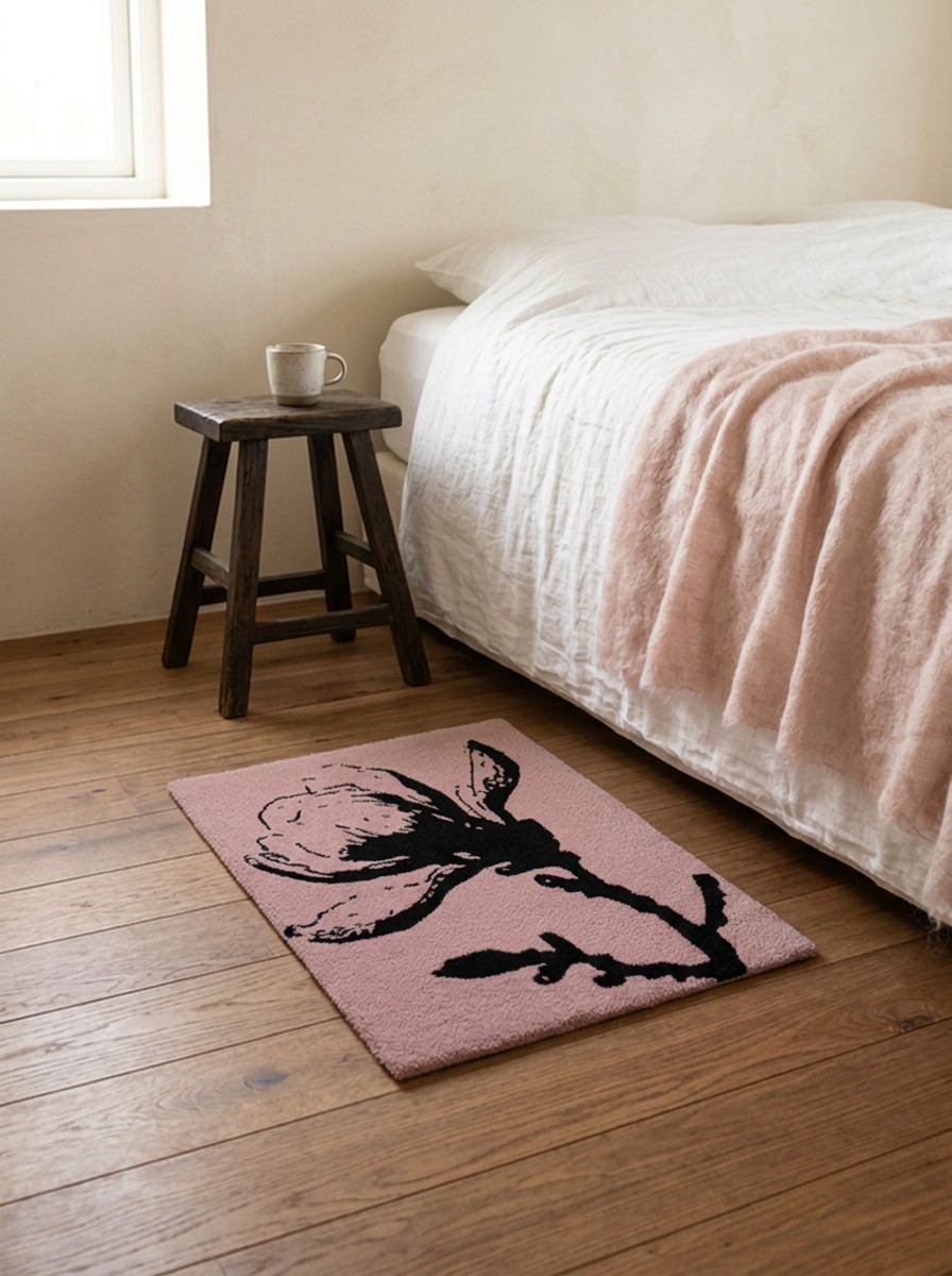 Handgetuft vloerkleed 60x75 cm – Magnolia bloem, lichtroze, 100% wol - 148736 Handgetuft vloerkleed 60x75 cm – Magnolia bloem, lichtroze, 100% wol