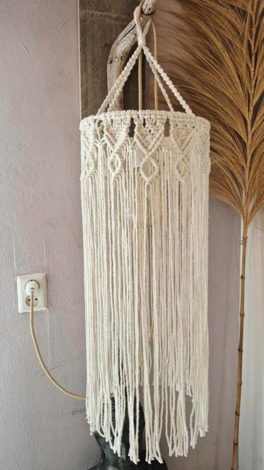 Macrame lampenkap, crèmekleur. - 128451 Macrame lampenkap, crèmekleur.