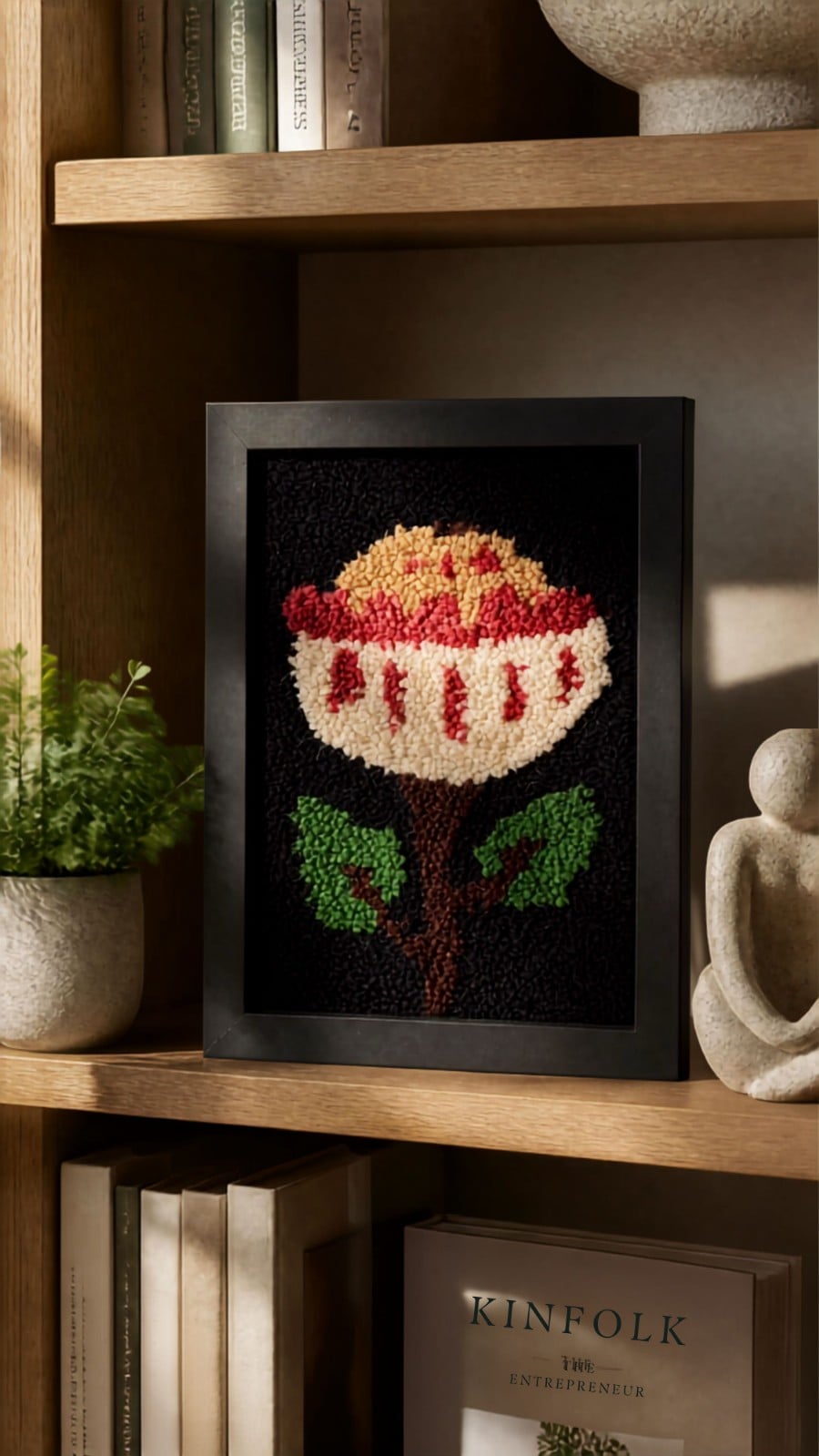 Tufted Protea Bloem – Handgemaakte Wollen Textielkunst in Zwart Fra… - 149354 Tufted Protea Bloem – Handgemaakte Wollen Textielkunst in Zwart Frame