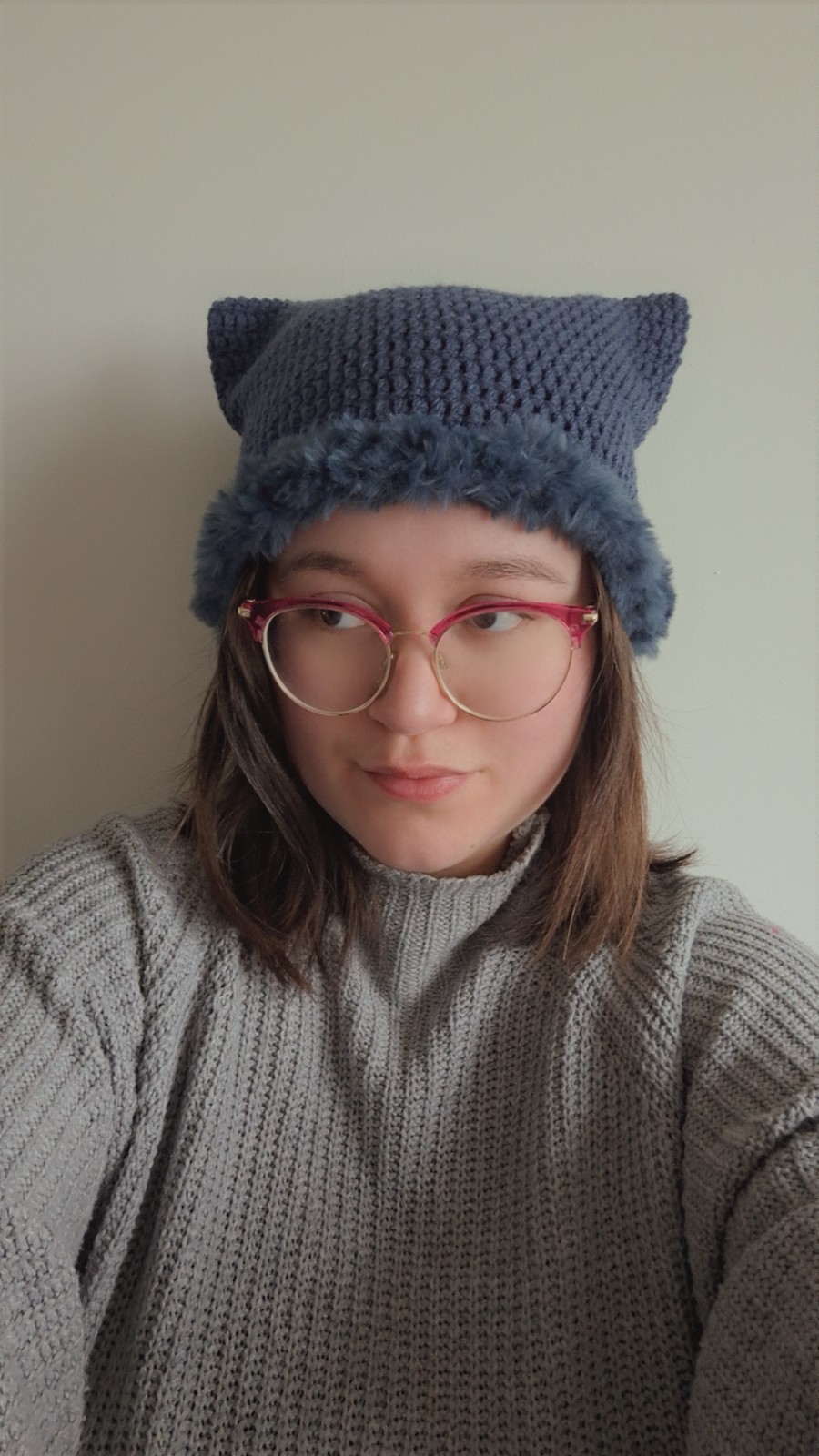 Gehaakte muts met imitatiebont | Denim Blauw