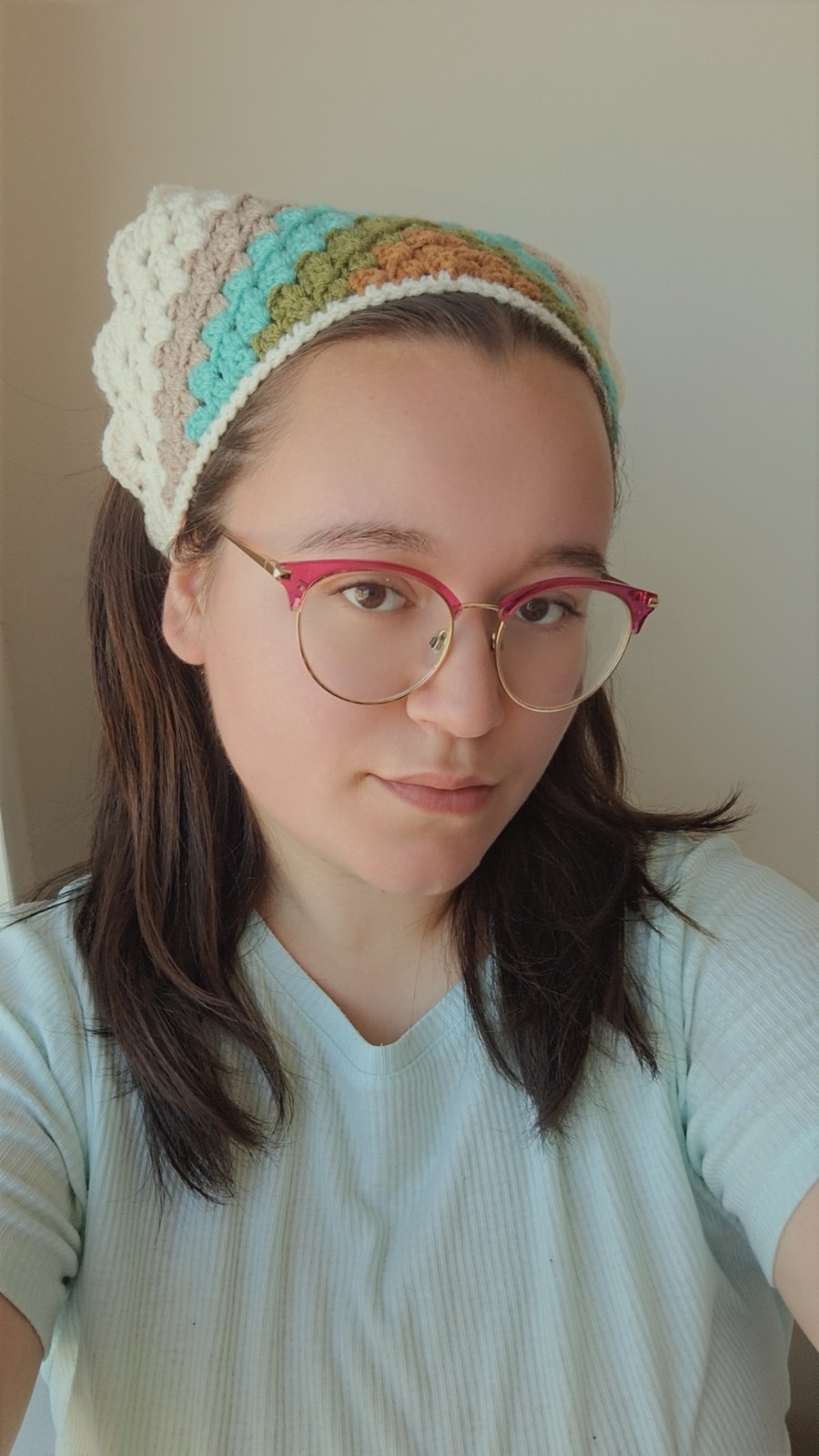 Gehaakte bandana 'Crème, beige en turquoise' - 89933 Gehaakte bandana 'Crème, beige en turquoise'