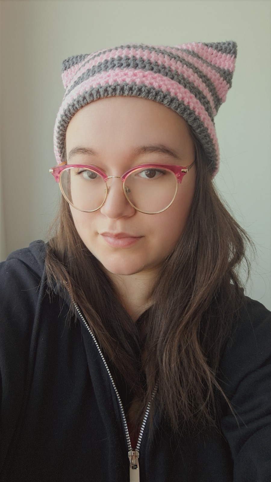 Gehaakte muts | Lichtroze en denimblauw