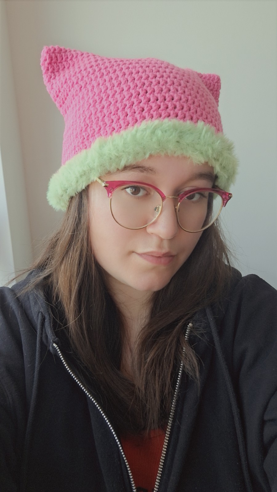 Gehaakte muts met imitatiebont | Barbie roze en groen